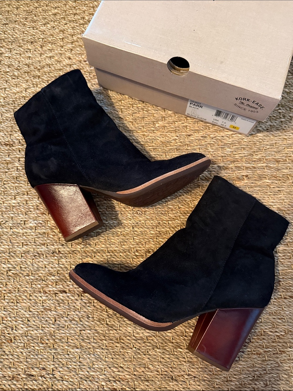 Kork-Ease Black Suede Ankle Boots with Brown Block Heels